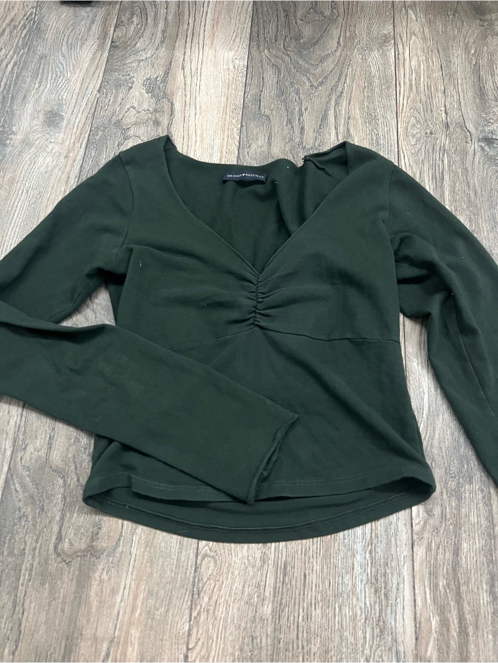 Brandy Melville Dark Green Long-Sleeve Ruched V-Neck Top
